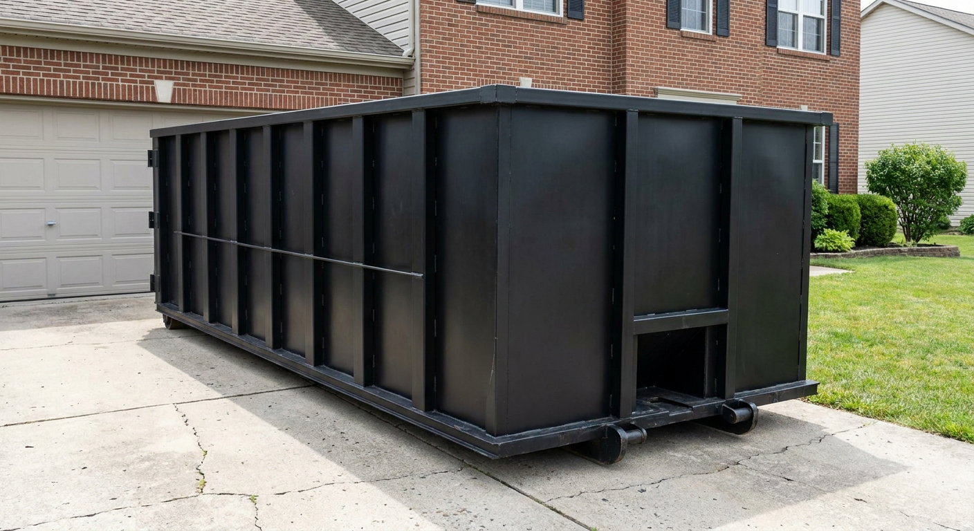 Matte-black 20-yard roll-off container on a El Cajon residential concrete driveway with reinforced ribbed steel sidewalls and a hinged rear walk-in door, clean bright daylight.