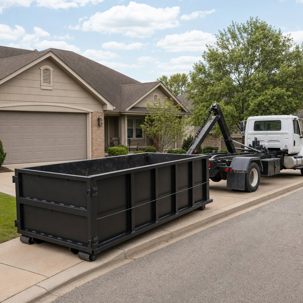 Wide documentary shot of a matte-black roll-off dumpster on a El Cajon residential driveway in the foreground and a contractor jobsite container in the soft-focus background, bright daylight, calm and orderly composition.