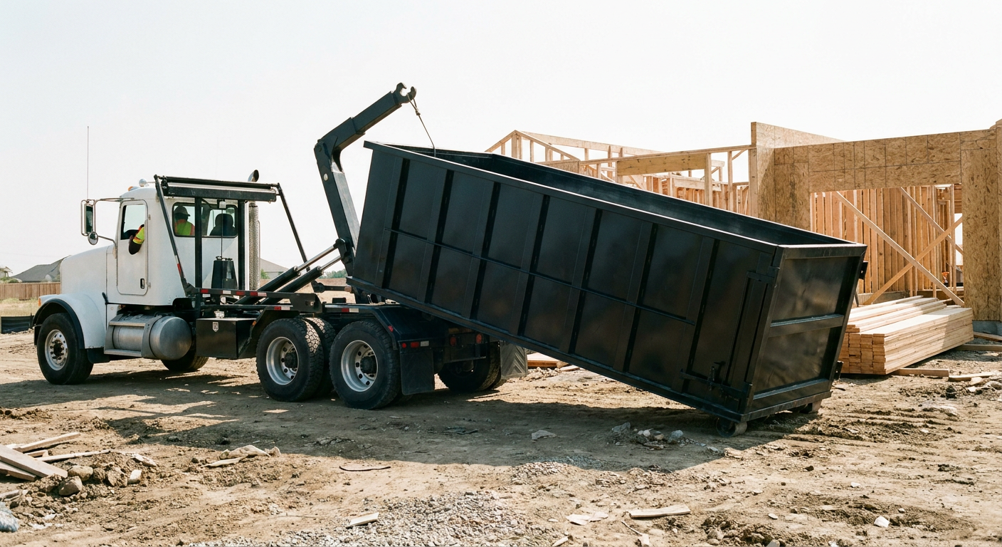 Matte-black roll-off dumpster being delivered onto a clean residential concrete driveway in El Cajon by an unmarked white hooklift hauler truck, bright morning daylight, documentary 35mm perspective.